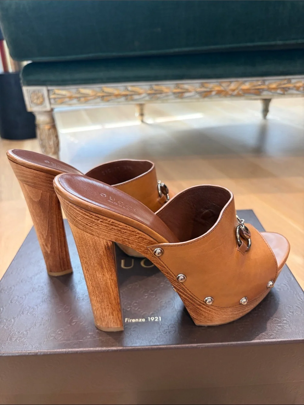 Gucci Tan Leather Horsebit Platform Mules